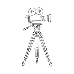 Vector line art of a vintage film camera on a tripod, detailed outline drawing in retro cinematic style