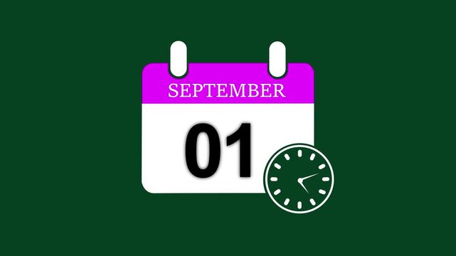 Abstract calendar icon 01 September animation. impress clients with this sophisticated calendar animation.4K calendar animation September 01 date 2025 animation .green background clean 4k animation.