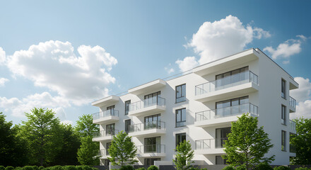 Fototapeta premium Modern White Apartment Building with Balconies Surrounded by Green Trees and Blue Sky