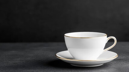 Single porcelain coffee cup and saucer on black background, minimalist composition.