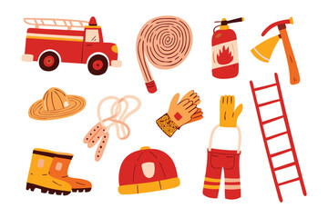 Emergency Essentials: A captivating vector graphic showcases a collection of essential firefighting tools, meticulously rendered with a vibrant and dynamic style.