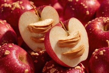 Two sliced red apples, halves, peanut butter