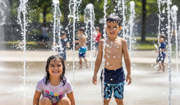 Happy kids, a boy and a girl, playing and laughing in refreshing splash pad water fountains on a sunny summer day.
