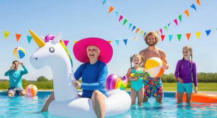 Happy family enjoying a sunny pool party with a unicorn inflatable, water toys, and beach balls, surrounded by festive colorful bunting outdoors.