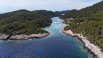 Drone aerial view of The Mljet National Park is a national park that covers the western part of the Adriatic island of Mljet, in the south of Croatia