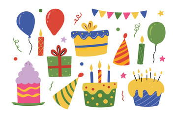 Celebratory Set of Decorations: A colorful arrangement of birthday decorations. A playful illustration of birthday cake with candles and balloons and gift box 