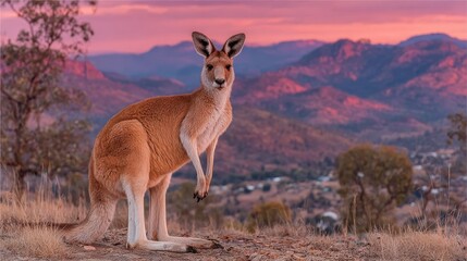 Kangaroo at dawn, mountains in background