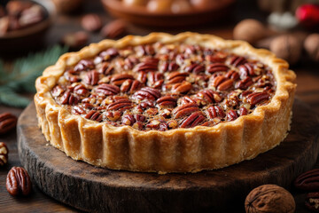 Person holding a slice of pie with pecan nuts on top.