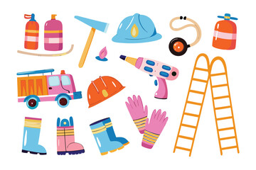 Firefighter's Essentials: A playful illustration showcasing a collection of essential tools and gear used by firefighters, perfect for educational or illustrative purposes. 