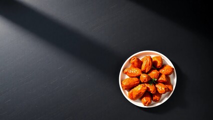 buffalo wings chicken wings black slate copy space white plate top down spicy food pub food overhead view
