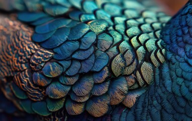 Close-up view of iridescent, overlapping bird feathers