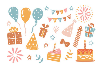 Celebration Clutter: A delightful ensemble of hand-drawn balloons, cakes, presents and festive decorations.