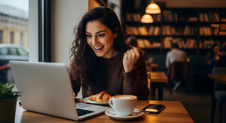 Woman Celebrates Online Success in Cozy Cafe