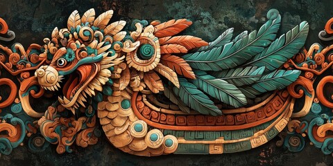 Ornate carving of stylized winged bird with feathered headdress and tribal patterns in red and green tones. Generative by AI.