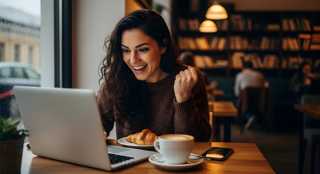 Woman Celebrates Online Success in Cozy Cafe - Powered by Adobe