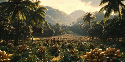 Workers walk between rows of lush green crops on tropical plantation bordered by tall palm trees with distant forested mountains under bright sky. Generative by AI.