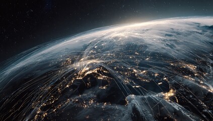 Earth from space, showing global air traffic routes.  Vast network of lines crisscrossing a detailed, lit globe.  Clouds and city lights visible.  Sunrise in the distance