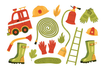 Firefighter's Essential: A curated collection of vital tools and equipment, ready to combat and rescue in times of peril. Demonstrating the core elements of a firefighter's life and work.