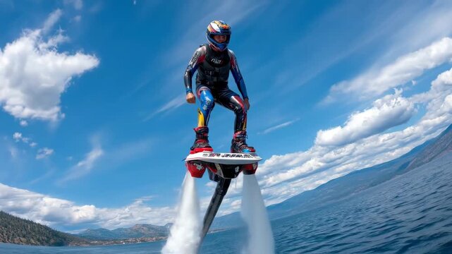 Exciting Flyboard Adventure Over Pristine Lake Water with Scenic Mountain Backdrop