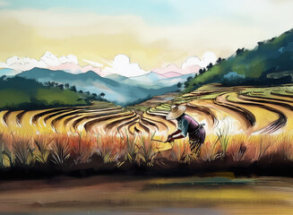 Farmer working in golden terraced rice fields, harvesting crops with mountains and sky in the background creating a peaceful rural scene.