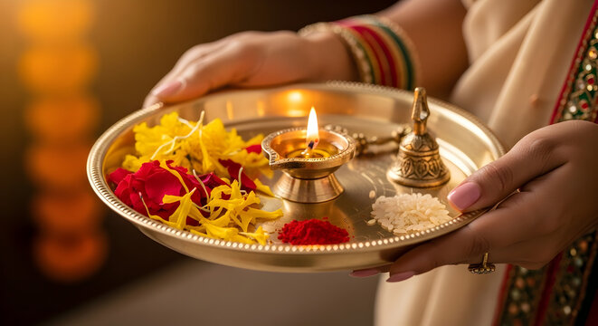 Woman Holding Puja Thali with Diya, Flowers, and Bell