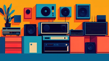 Modern interior showcasing telecommunication equipment home digital art vibrant colors wide-angle perspective