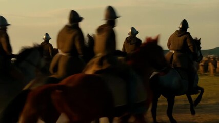 Army, horses and cavalry soldiers in armor charging across battlefield during war reenactment or historical military training at sunset - Powered by Adobe