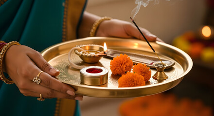 Indian Woman Holding Puja Thali with Diya, Incense, and Flowers
