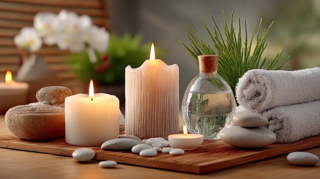 Spa setting with candles and stones