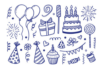 Party Doodle Illustration: A hand-drawn illustration showcases festive elements such as balloons, cake, party hats, presents, and confetti to celebrate a special day.