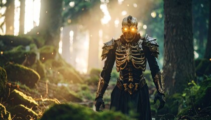 Fototapeta premium Skeleton Warrior in Forest with Glowing Eyes, and Fantasy Armor.