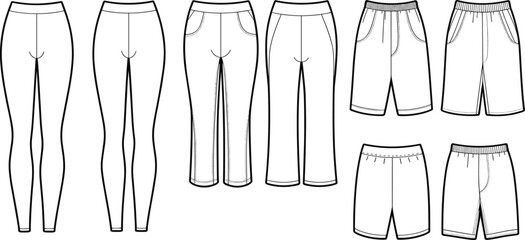Various pants and shorts flat sketch, front and back view, CAD drawing, vector fashion template, technical apparel design illustration