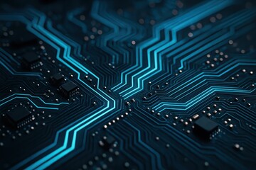 Obraz premium Abstract Electronic Circuit Board Design with Blue Light and Dark Background for Technology Themes