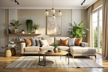 Modern living room with a sectional sofa natural light and abundant greenery creating a serene and inviting atmosphere