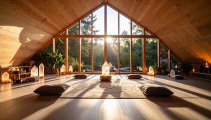 Serene Yoga Studio with Sunlight Streaming Through Large Windows