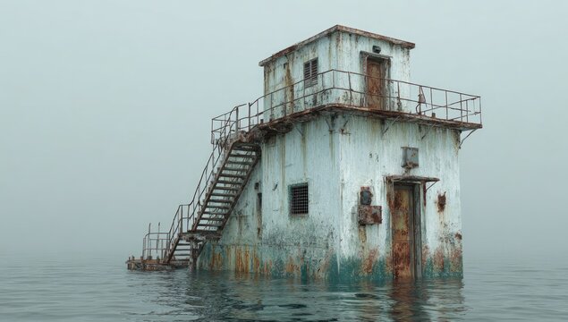 Rusty, white, square building on stilts, submerged in foggy water