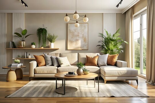 Modern living room with a sectional sofa natural light and abundant greenery creating a serene and inviting atmosphere