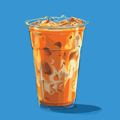 Illustration of ice Thai Milk Tea with ice in clear plastic cup