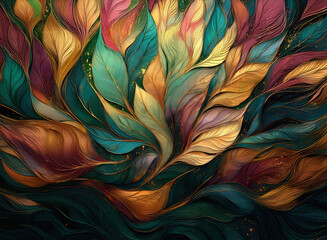 Colorful abstract leaves in shades of gold, green, pink, and teal cascade against a richly textured, dark background, creating a vibrant artistic scene.
