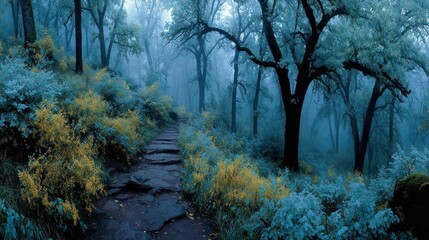 Misty forest path winds through vibrant foliage