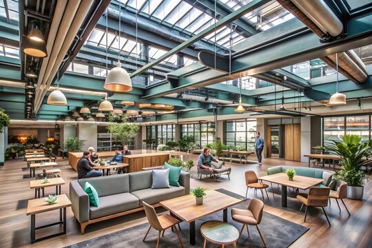 Modern open plan office atrium with abundant natural light and lush greenery creating a collaborative and inviting workspace - Powered by Adobe