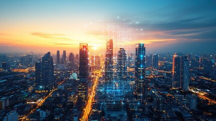 Obraz premium Aerial view of a futuristic city with modern skyscrapers and a digital network overlay. 