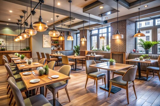 Modern restaurant dining area with warm lighting wooden tables and comfortable seating creates an inviting atmosphere