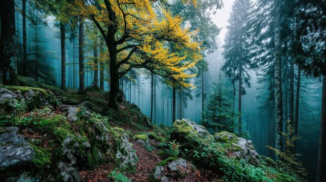 Misty forest scene with vibrant autumn foliage