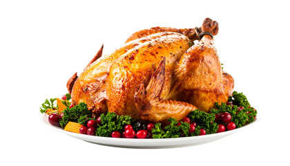 Roasted Thanksgiving turkey on a platter with garnish, isolated on transparent background