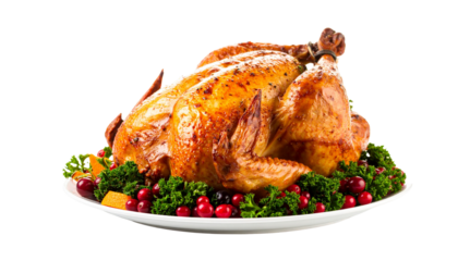 Roasted Thanksgiving turkey on a platter with garnish, isolated on transparent background