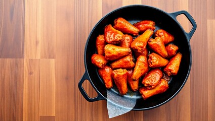 cast iron pan buffalo wings pub food chicken wings spicy food rustic wood copy space top down flat lay
