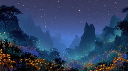 Misty mountain valley at night, glowing with fireflies. Lush vegetation and dark silhouettes of trees