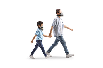 Man and child wearing gas masks, holding hands and walking