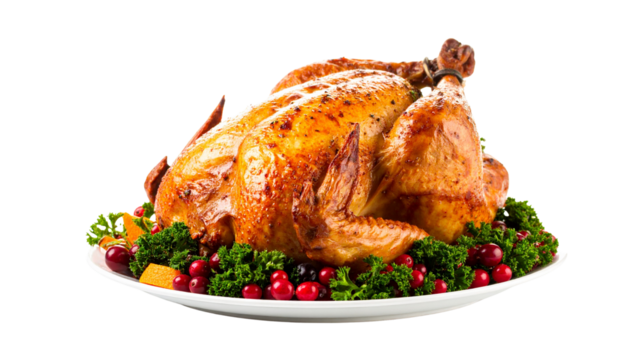 Roasted Thanksgiving turkey on a platter with garnish, isolated on transparent background